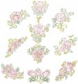 Floral Beauties. Outline colourwork. A set of ten outline stitch designs for 150mmx150mm and 200mm x200mm hoops.