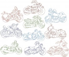 Chubby Motorbikes is a redwork set of 10 designs for 130mm x 180mm hoops